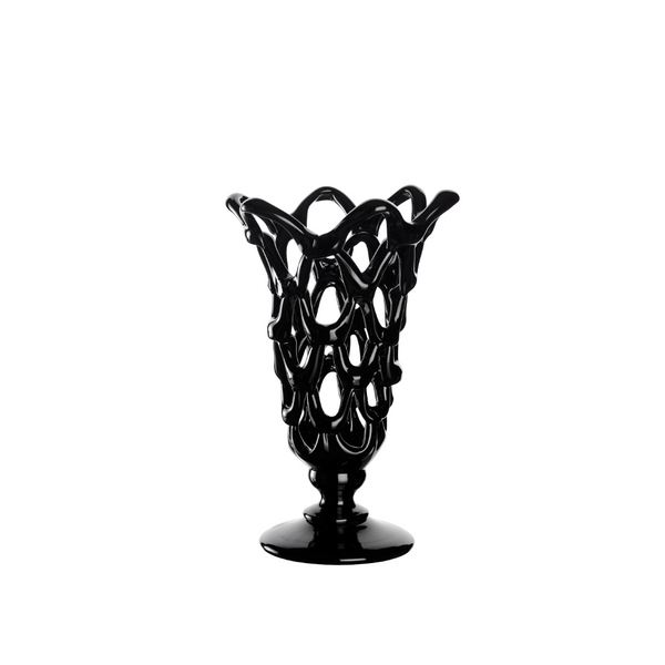 Black lattice-style crystal vase on a white background from Mario Cioni available at Spacio retail stores in India