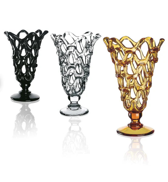 Three Mario Cioni Crystal Arabesque Vases Amber, showcasing exquisite crystal ware.