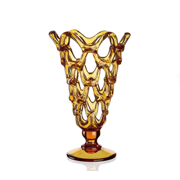 An Mario Cioni Crystal Arabesque Vase Amber vase with crystal ware, designed by Mario Cioni, set against a white background.