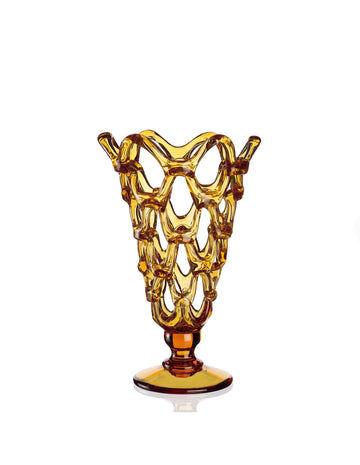 An Mario Cioni Crystal Arabesque Vase Amber vase with crystal ware, designed by Mario Cioni, set against a white background.