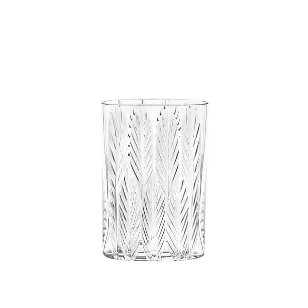 Clear crystal vase with geometric pattern on a white background