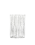 Clear crystal vase with geometric pattern on a white background