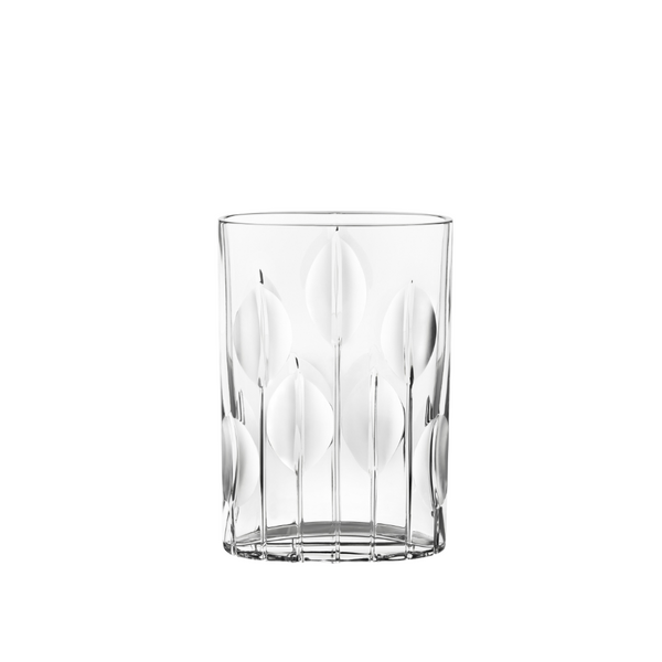 Clear crystal vase with tulip textured design on a white background