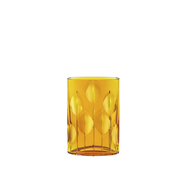 Yellow crystal vase with textured design on a white background