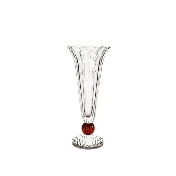 Clear crystal vase with a red accent on a white background