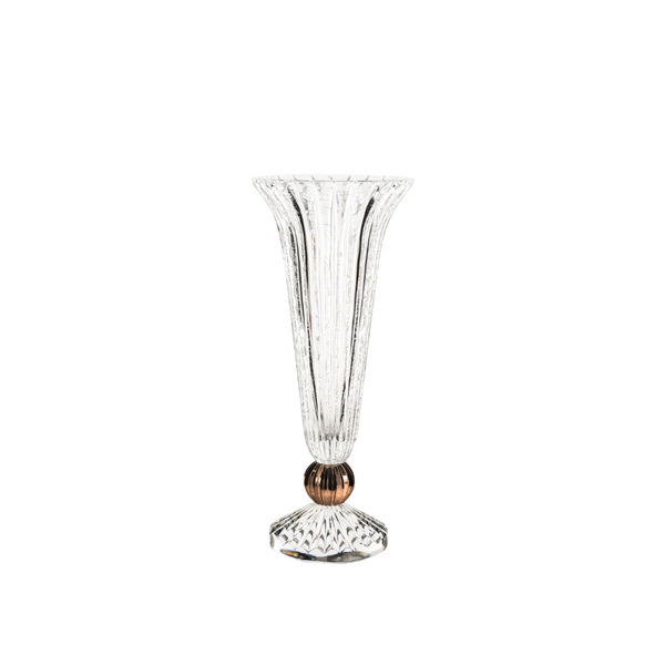 Clear crystal vase with a rose gold sphere on a white background