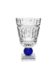 Cylindrical crystal vase with a blue base on a white background