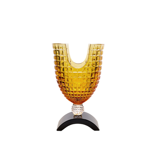 Decorative crystal vase with geometric design on a white background