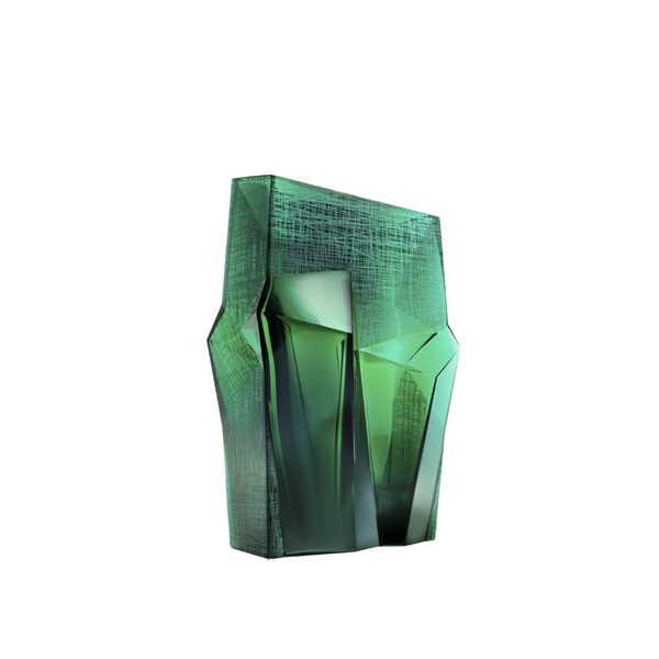 Green geometric crystal vase on a white background