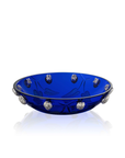 Handcrafted Mario Cioni Purpose Blue Bowl with nickel walnut accents, engraved leaves, and deep blue crystal, made in Italy for luxury decor.