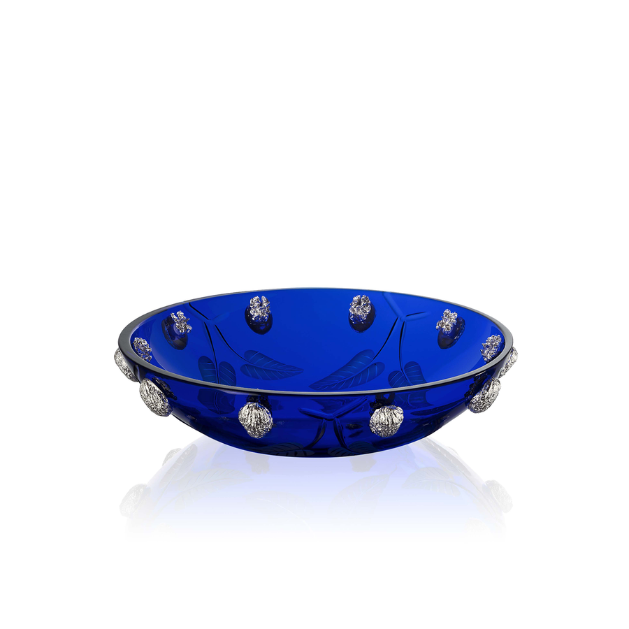 Handcrafted Mario Cioni Purpose Blue Bowl with nickel walnut accents, engraved leaves, and deep blue crystal, made in Italy for luxury decor.