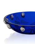 Side view of Handcrafted Mario Cioni Purpose Blue Bowl with nickel walnut accents, engraved leaves, and deep blue crystal, made in Italy for luxury decor.