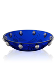 Mario Cioni Purpose Blue Large Crystal Bowl with nickel walnut accents, hand-etched leaf details, and a luxurious blue crystal body. Crafted in Italy.