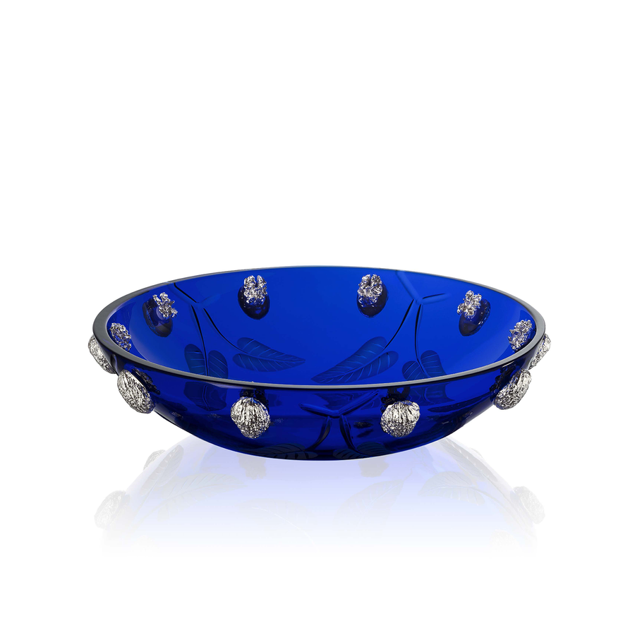 Mario Cioni Purpose Blue Large Crystal Bowl with nickel walnut accents, hand-etched leaf details, and a luxurious blue crystal body. Crafted in Italy.