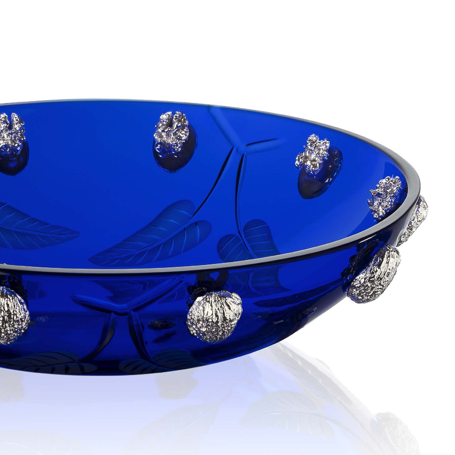 Close view of Mario Cioni Crystal Purpose Blue Bowl Nickel Walnuts by Tondo Doni on white back ground available at Spacio India for luxury home decor accessories collection of Bowls.