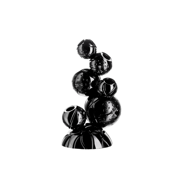 Black decorative crystal centrepiece with spherical design on a white background