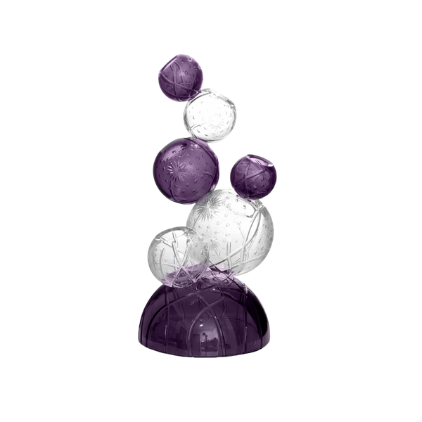 Decorative crystal sculpture with purple and clear spherical elements on a white background