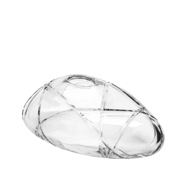 Clear crystal sculptural centrepiece with geometric design on a white background
