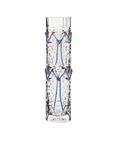 Clear crystal vase with blue and red decorative elements on a white background