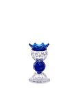 Decorative crystal vase with blue and clear design on a white background