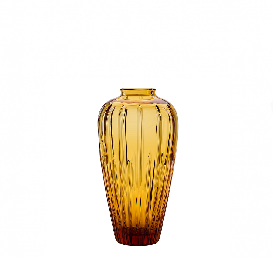 Mario Cioni Crystal Amphorae Idria Deep Amber Vase on a white back ground available at Spacio India for luxury home decor collection of decorative vases.