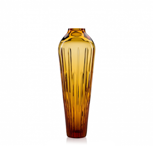 Mario Cioni Crystal Amphorae Lekytos Deep Amber Vase on a white back ground available at Spacio India for luxury home decor collection of decorative vases.