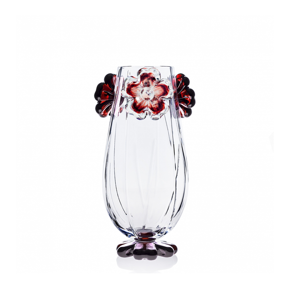 Mario Cioni Cistus Tall Crystal Vase with red flowers, handcrafted in Italy, featuring a cylindrical design and intricate floral details for luxury interiors.