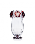 Mario Cioni Cistus Tall Crystal Vase with red flowers, handcrafted in Italy, featuring a cylindrical design and intricate floral details for luxury interiors.