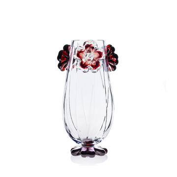 Mario Cioni Cistus Tall Crystal Vase with red flowers, handcrafted in Italy, featuring a cylindrical design and intricate floral details for luxury interiors.