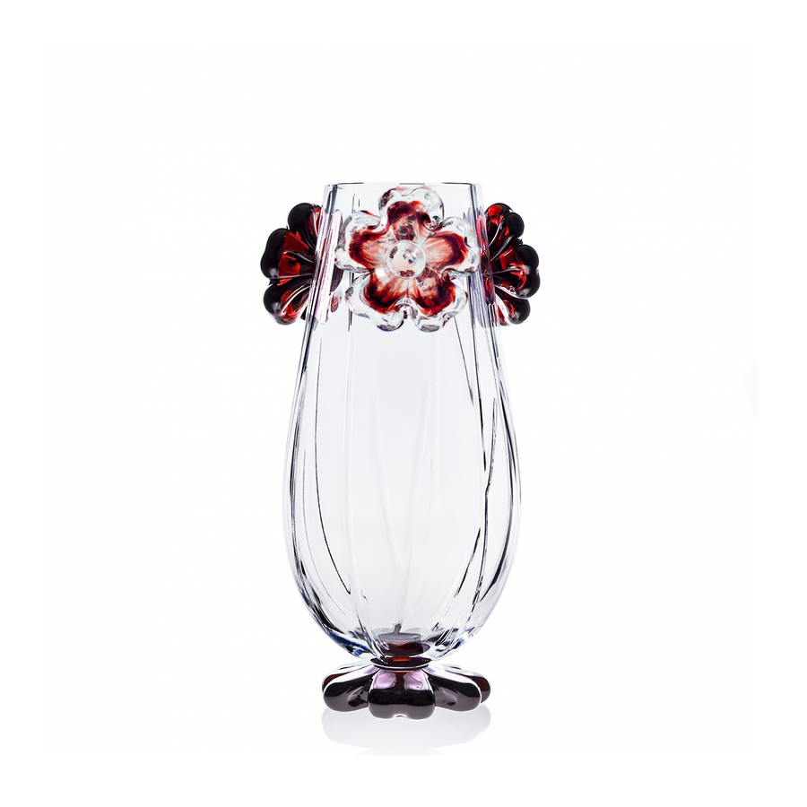 Mario Cioni Cistus Tall Crystal Vase with red flowers, handcrafted in Italy, featuring a cylindrical design and intricate floral details for luxury interiors.