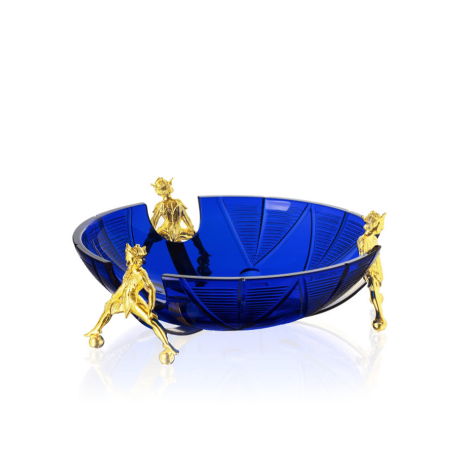 Jester Bowl by Mario Cioni, featuring deep blue crystal and gold jesters, crafted in Italy as a luxurious centrepiece for elegant home interiors.