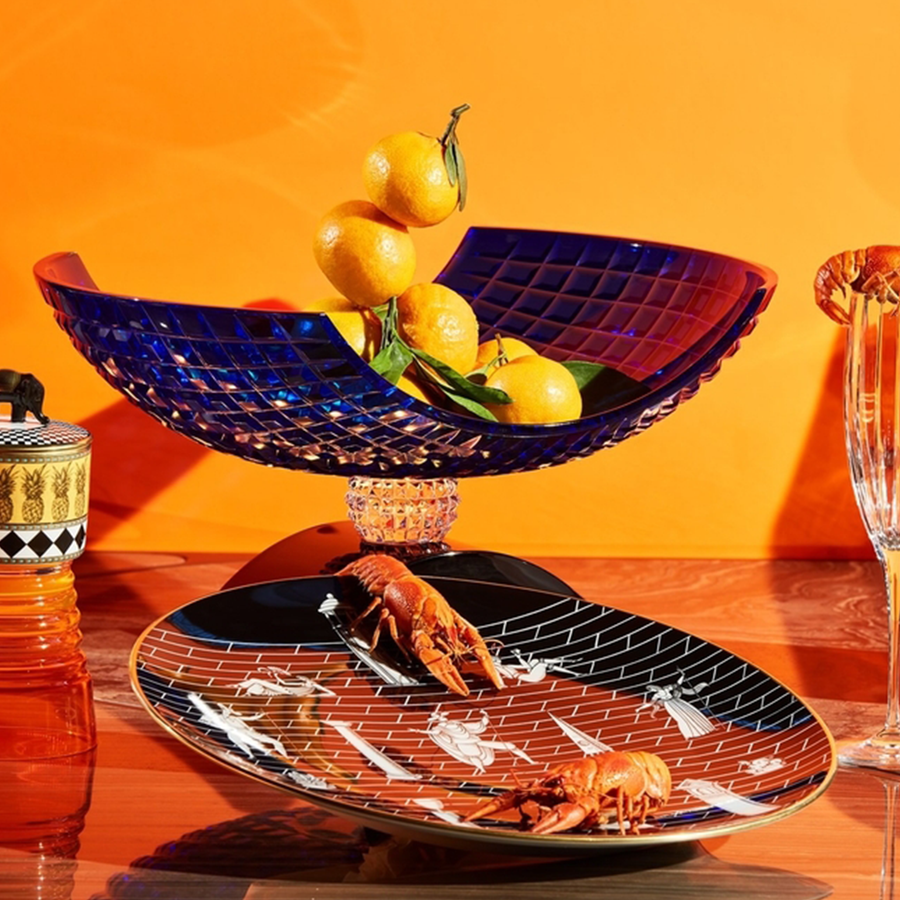 Mario Cioni Crystal Luxe Blue Bowl as a centerpiece on dining table with other Crockery set available at Spacio India for luxury home decor accessories collection.