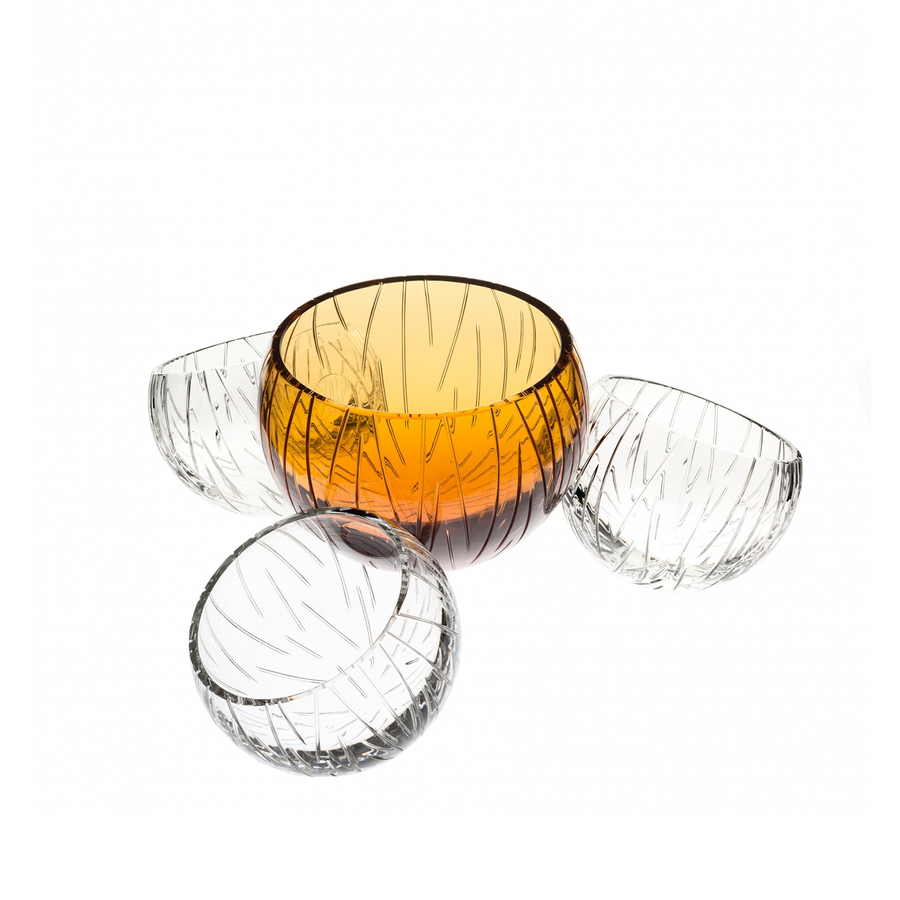 Nova Large 4 Elements by Tondo Doni, featuring spherical amber and transparent crystal vases, handcrafted in Italy for luxurious home decor.