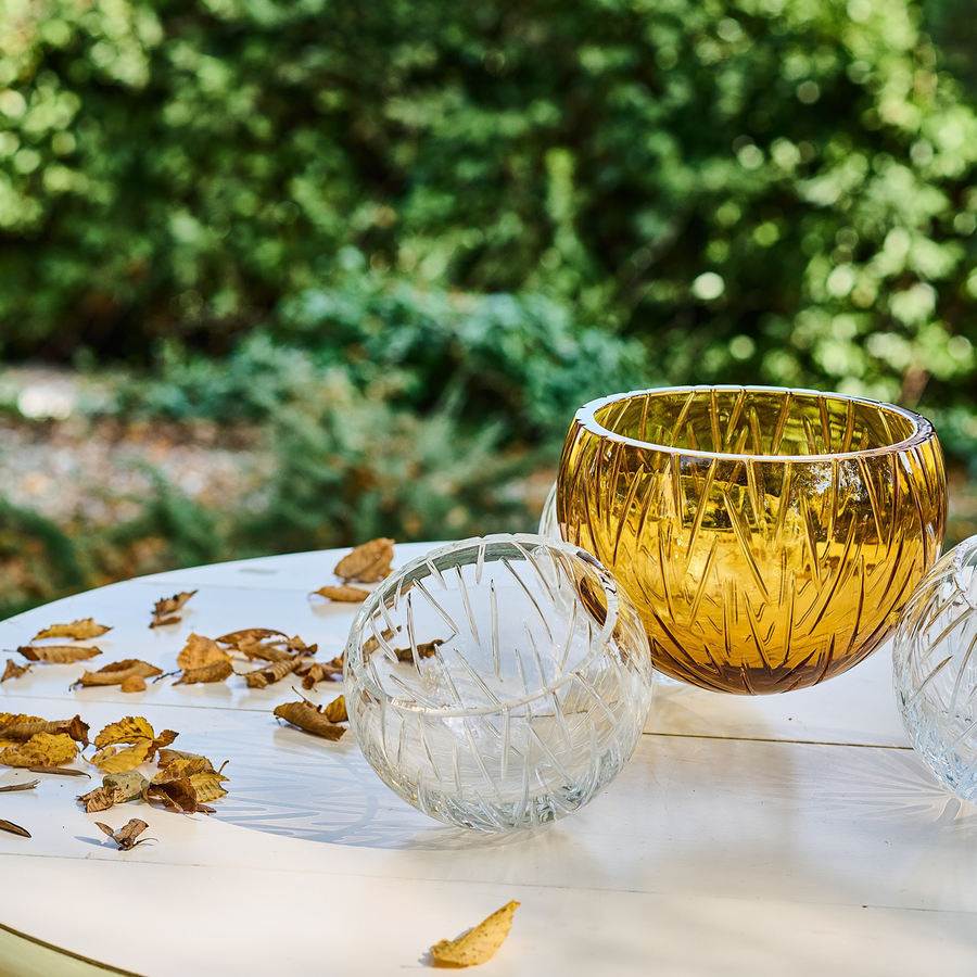 Side view of Mario Cioni Crystal Nova with 4 bowls elements on coffee table available at Spacio India for luxury home decor collection of decorative bowls.