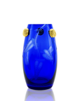 Mario Cioni Purpose Blue Crystal Vase with gold walnut accents, hand-etched leaf patterns, and a rich blue body. Handcrafted in Italy for luxury interiors.