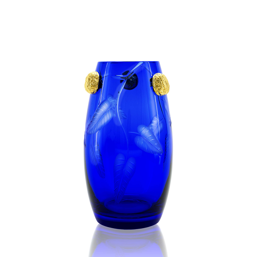 Mario Cioni Purpose Blue Crystal Vase with gold walnut accents, hand-etched leaf patterns, and a rich blue body. Handcrafted in Italy for luxury interiors.