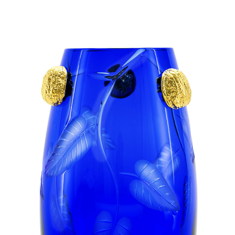 Close look of Mario Cioni Crystal Purpose Blue Vase Gold Walnuts by Tondo Doni on white back ground available at Spacio India for luxury home decor accessories collection of Vases.