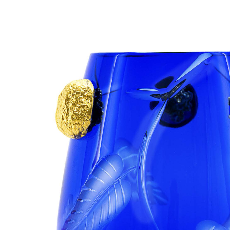 Close look of Gold Walnut of Mario Cioni Crystal Purpose Blue Vase by Tondo Doni on white back ground available at Spacio India for luxury home decor accessories collection of Vases.