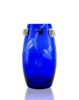 Mario Cioni Purpose Blue Crystal Vase with silver walnut accents, hand-etched leaf patterns, and a rich blue body. Handcrafted in Italy for luxury interiors.