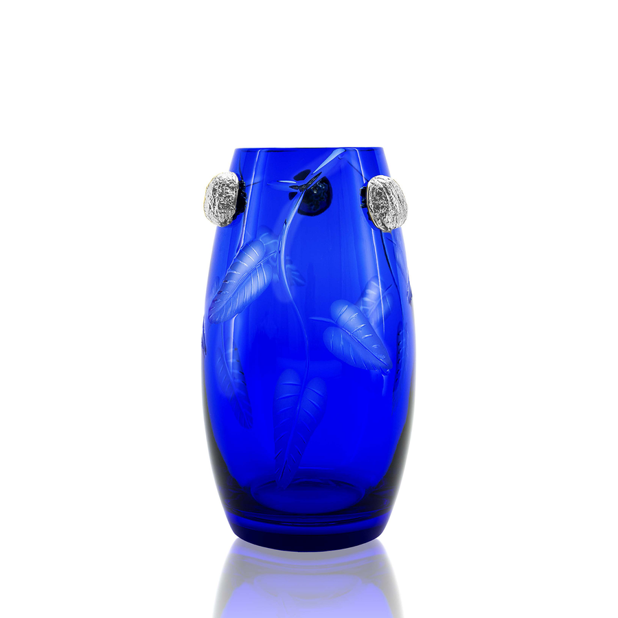 Mario Cioni Purpose Blue Crystal Vase with silver walnut accents, hand-etched leaf patterns, and a rich blue body. Handcrafted in Italy for luxury interiors.