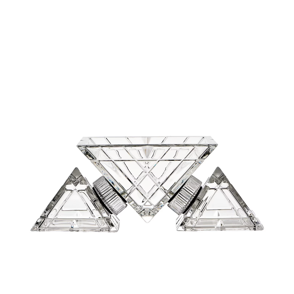 A Mario Cioni Pyramidion Crystal Centrepiece with a geometric pyramid-inspired design and square base, crafted from lead crystal for luxury interiors.