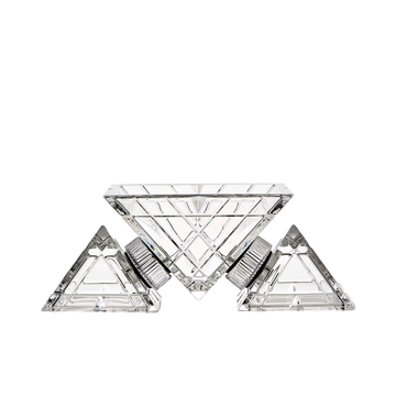 A Mario Cioni Pyramidion Crystal Centrepiece with a geometric pyramid-inspired design and square base, crafted from lead crystal for luxury interiors.