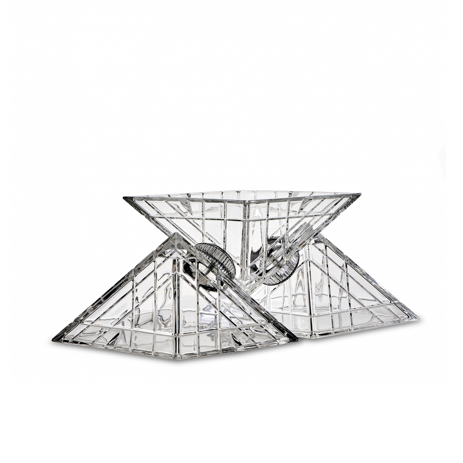 Side look of Mario Cioni Crystal Pyramidion Centerpiece Bowl by Tondo Doni on a white back ground available at Spacio India for luxury home decor accessories collection of Bowls.