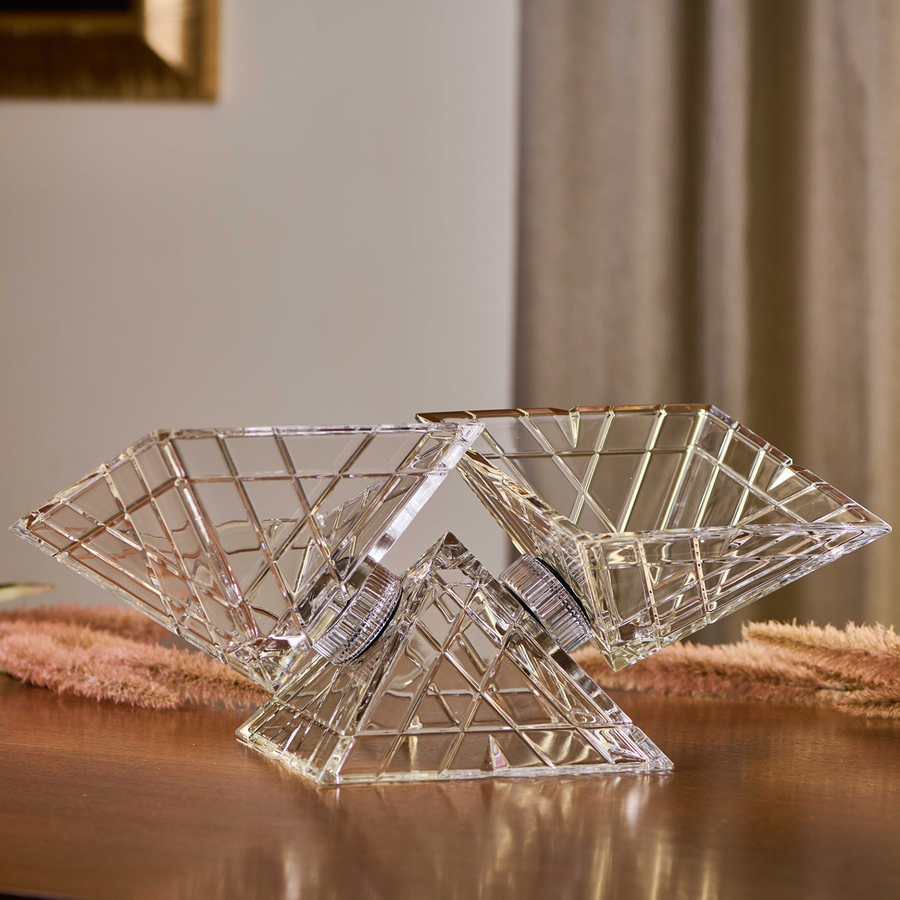 Mario Cioni Crystal Pyramidion Centerpiece Bowl by Tondo Doni on a dining table in dining interior available at Spacio India for luxury home decor accessories collection of Bowls.