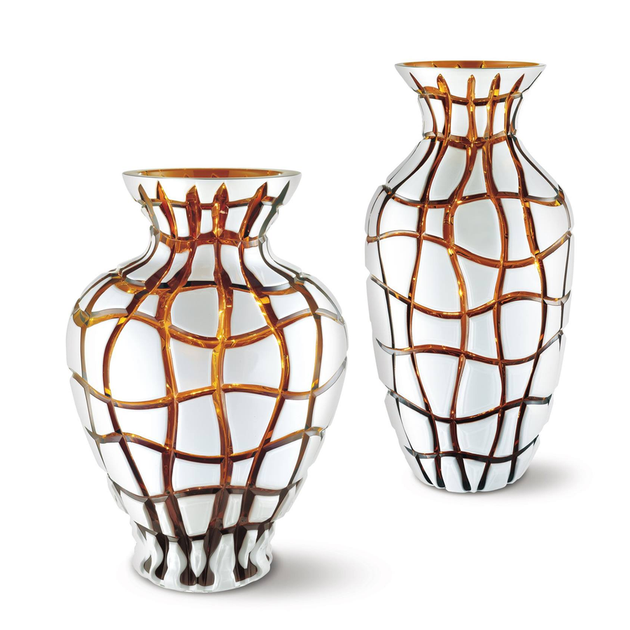 Mario Cioni Crystal Anfora Amber Vase by Tondo Doni with another tall vase on white back ground available at Spacio India for luxury home decor accessories collection of decorative Vases. 