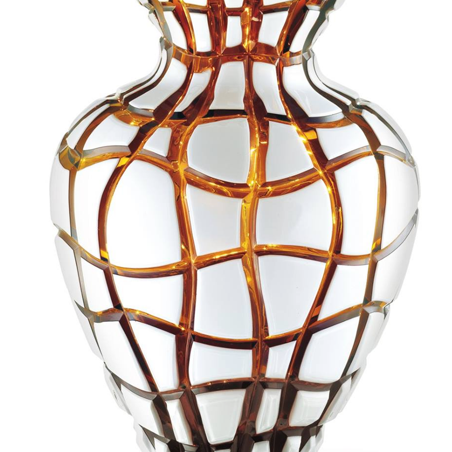 Close look of Mario Cioni Crystal Anfora Amber Vase by Tondo Doni on white back ground available at Spacio India for luxury home decor accessories collection of decorative Vases. 