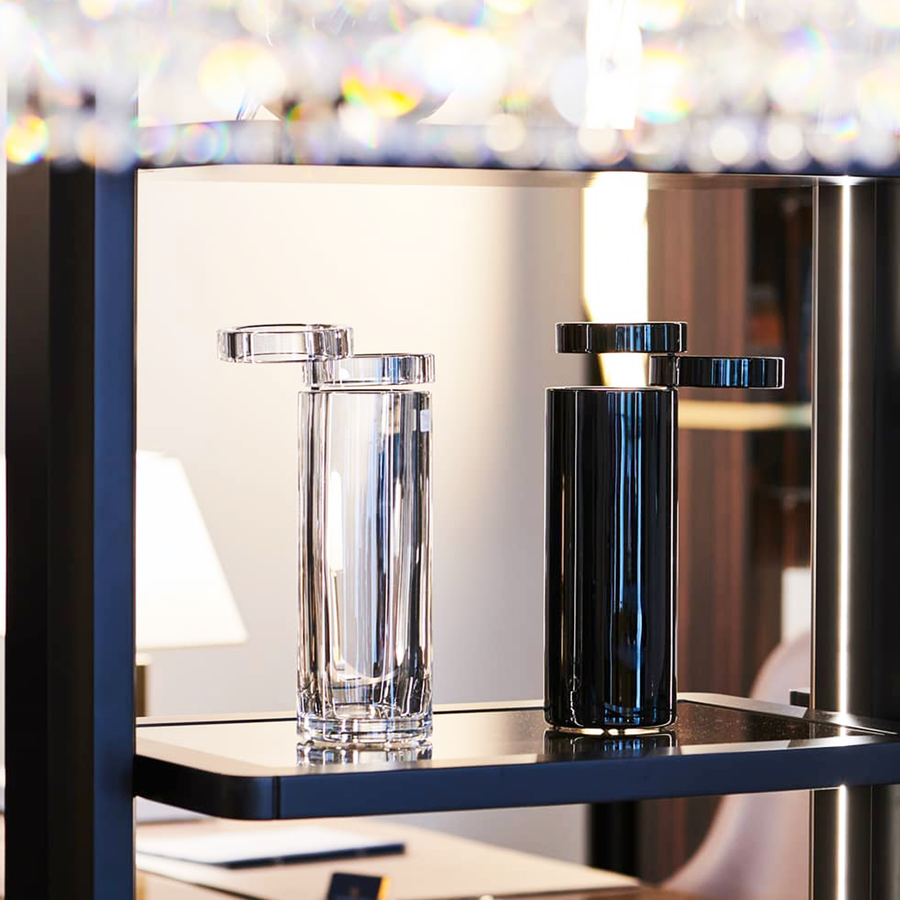 Mario Cioni A.Y.L.I. Cilindric Black Crystal Vase by Tondo Doni with Black vase on a book shelf in modern interior available at spacio india for luxury home decor collection of decorative vases.