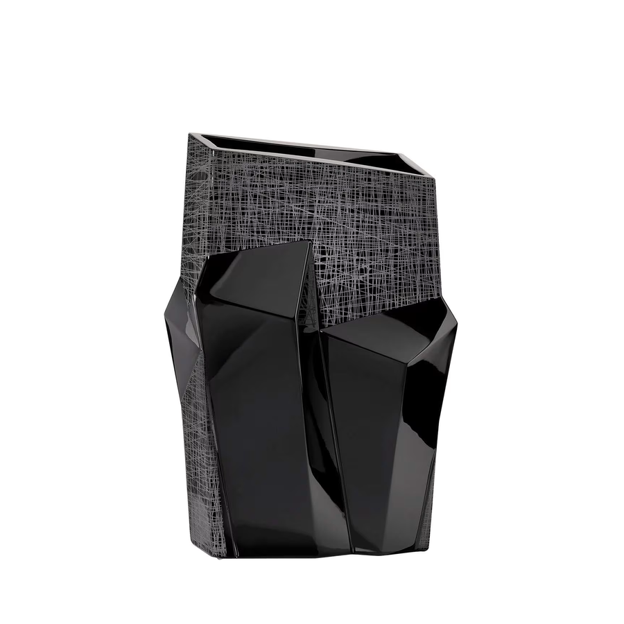 Limited edition Tondo Doni Metropolis Black Vase by Mario Cioni, handcrafted in Italy with pure crystal, blending cubism and modernism for luxurious decor.