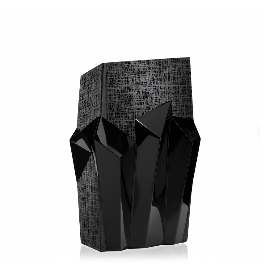 Side look of Mario Cioni Metropolis Black Crystal Vase by Tondo Doni on a white background available at spacio india for luxury home decor collection of decorative vases.