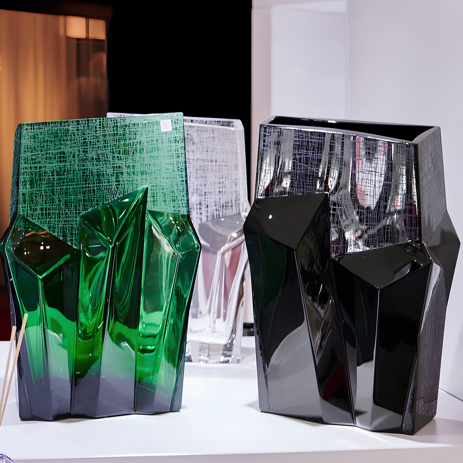 Mario Cioni Metropolis Black Crystal Vase by Tondo Doni with green & clear vases available at spacio india for luxury home decor collection of decorative vases.